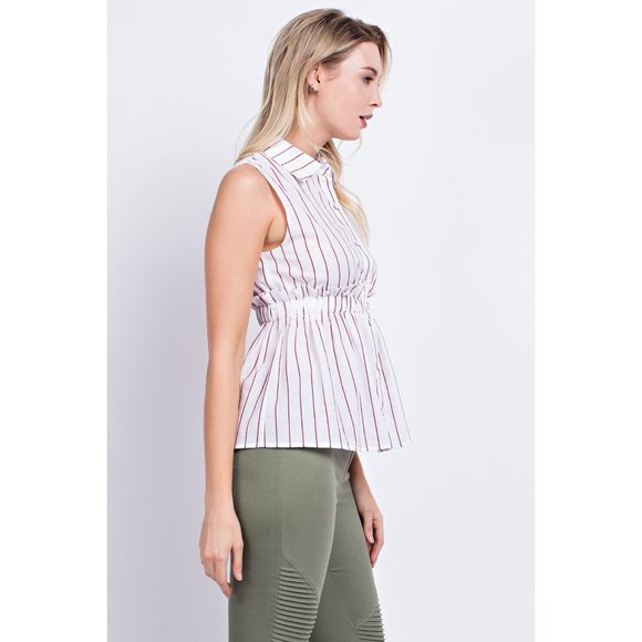 Sleeveless Button Front Collared Casual Striped Peplum Blouse Top - Picture 4 of 10